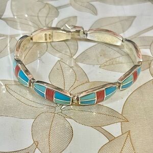 Artisan Sterling Silver Turquoise Spiny Oyster Bracelet Sz 7.5”